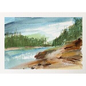 Watercolor Painting Orig. Clouds Ship Harbor Trail Acadia Natn'l Park Signed 5x7